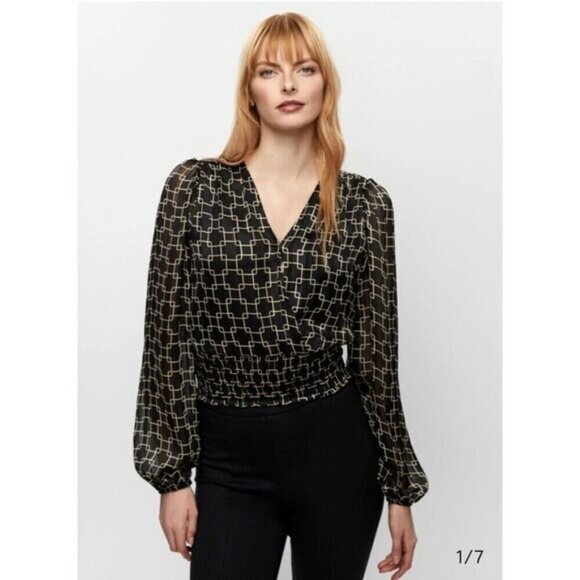 HAVER LONDON Black/Gold Geo Chains VNeck Elastic Cuffs Ruched Waist Blouse Large - Picture 1 of 15